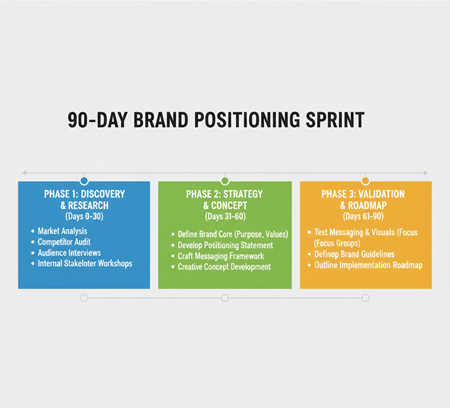 Timeline showing 90-day brand positioning roadmap in three strategic phases
