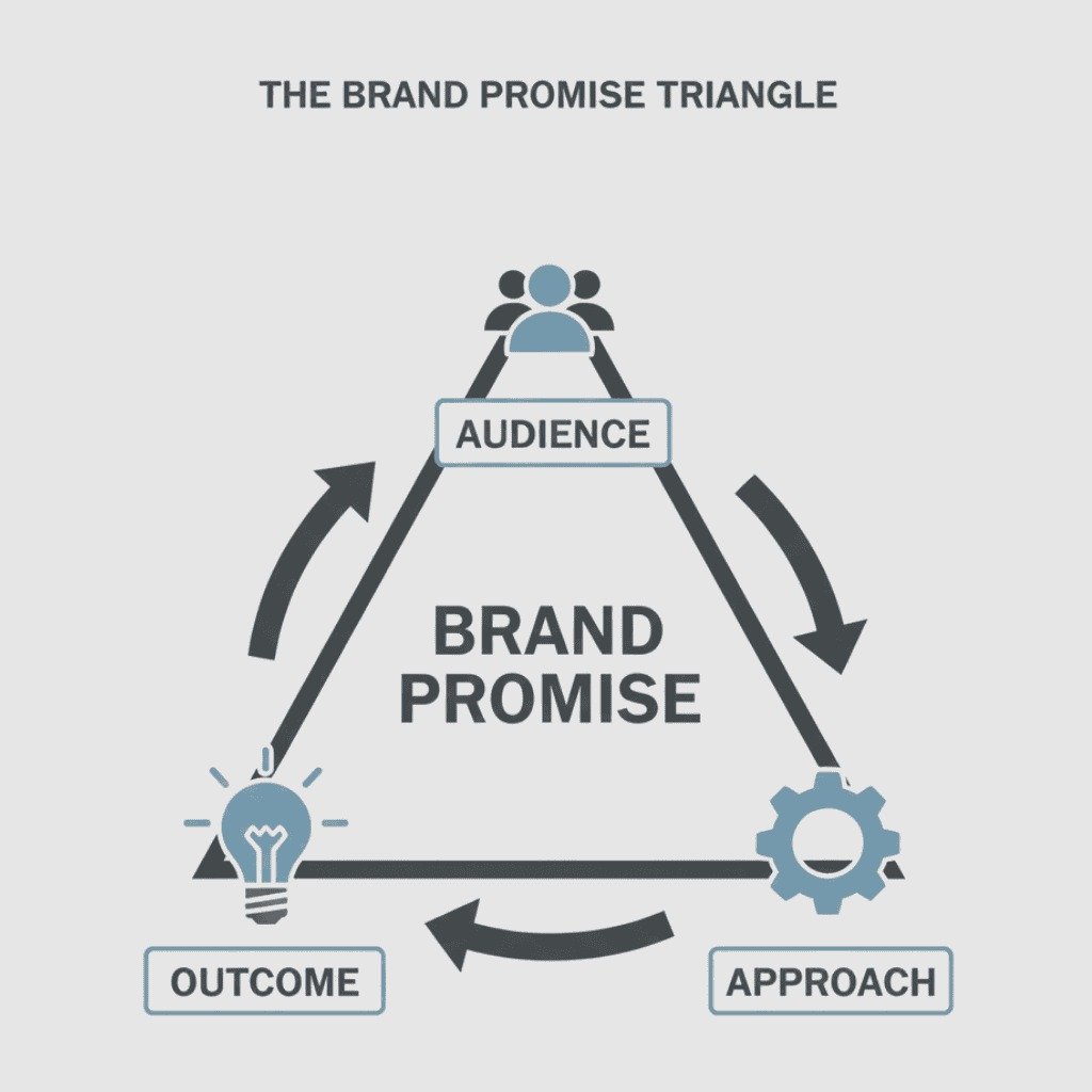 Diagram showing the three components of a distinctive brand promise: audience, outcome, and approach. (magnetic positioning)