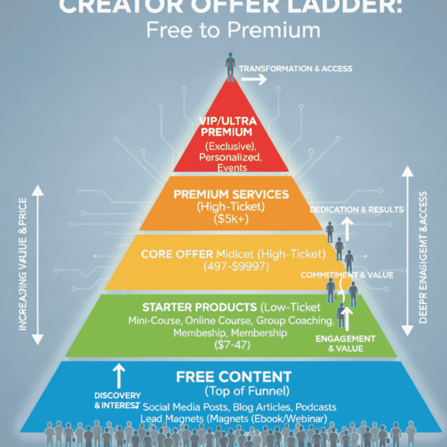 Creator offer ladder illustration showing audience progression from free to paid products.”