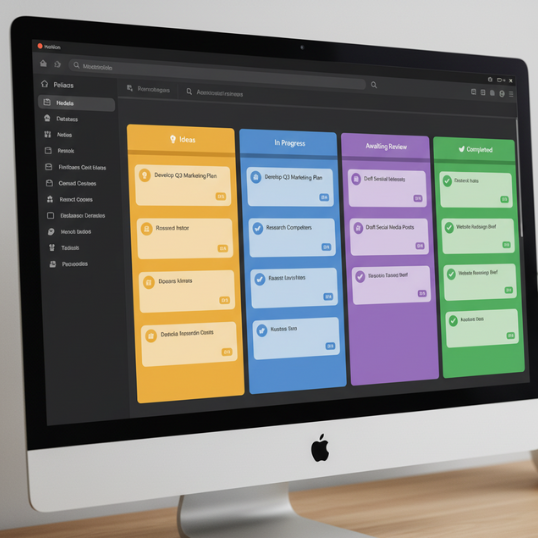 Notion project planner dashboard with task tracker and Kanban view