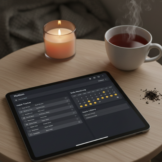 Life OS Notion dashboard showing habit tracker and wellness routines.