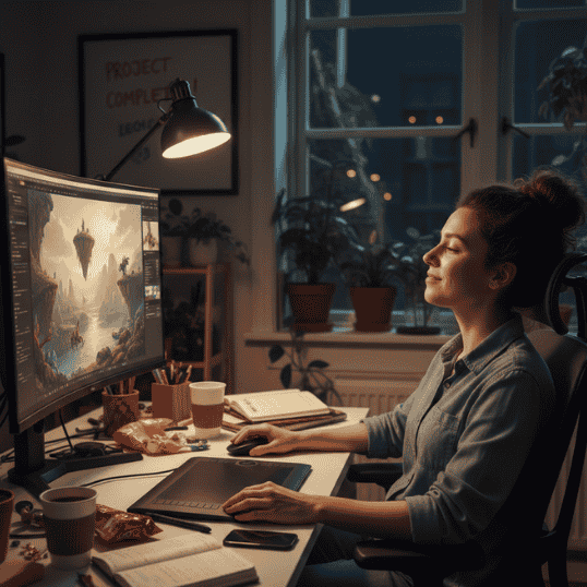 Digital artist smiles after finishing a large fantasy illustration project on her computer