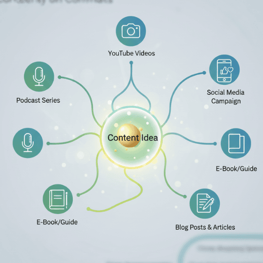 Illustration of a single idea branching into different content formats — video, post, email, article.