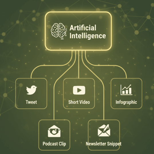 Diagram showing one content idea divided into multiple content formats - Content repurpose engine