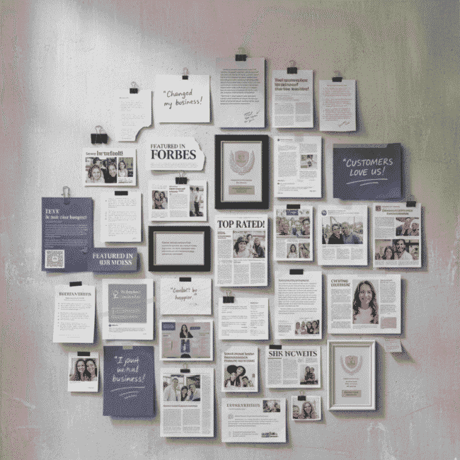 Proof wall showing press features, testimonials, and creator collaborations.