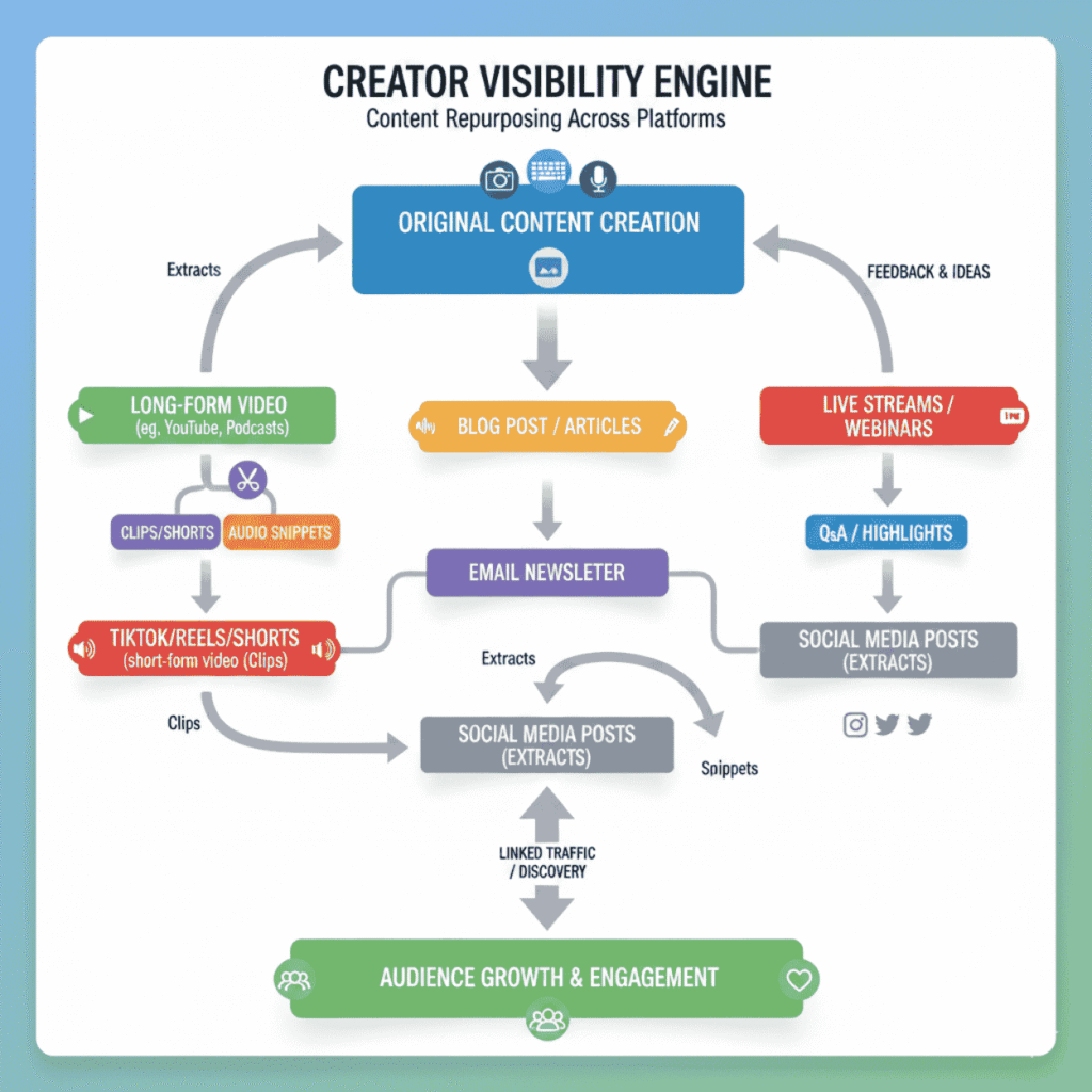 Diagram of content repurposing and distribution loops for creators. Visibility and growth engine