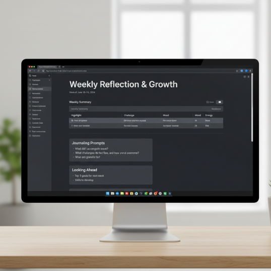 Notion weekly reflection dashboard with review questions and goal tracker