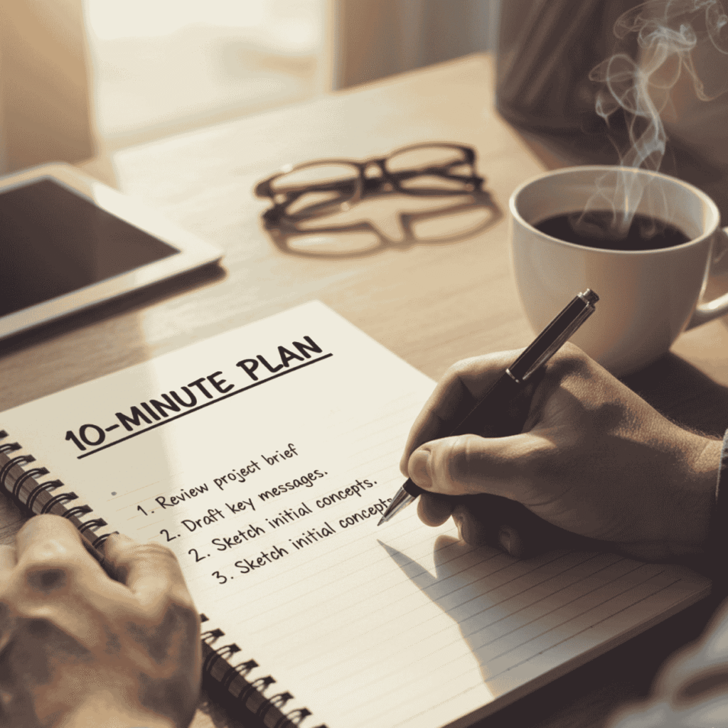 Creator writing a 10-minute plan in a notebook beside a cup of coffee.