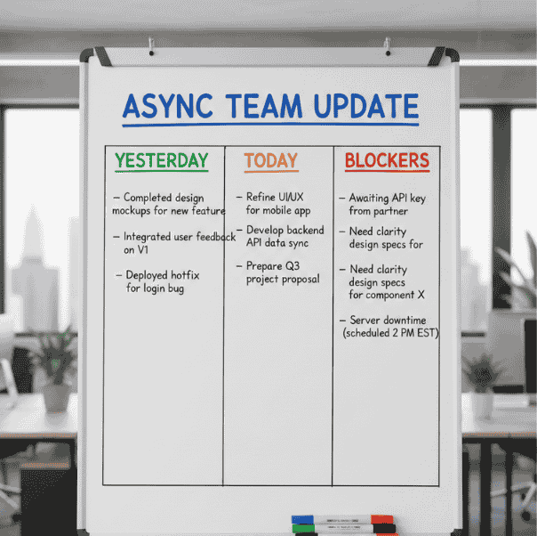 Example asynchronous team update template with Yesterday, Today, Blockers