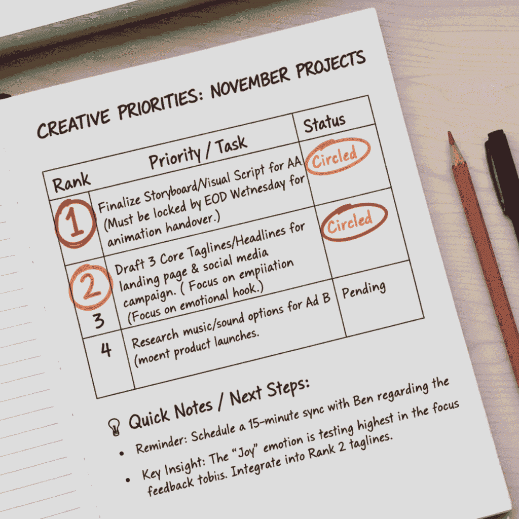 Notebook page showing top 2–3 creative priorities circled and prioritised