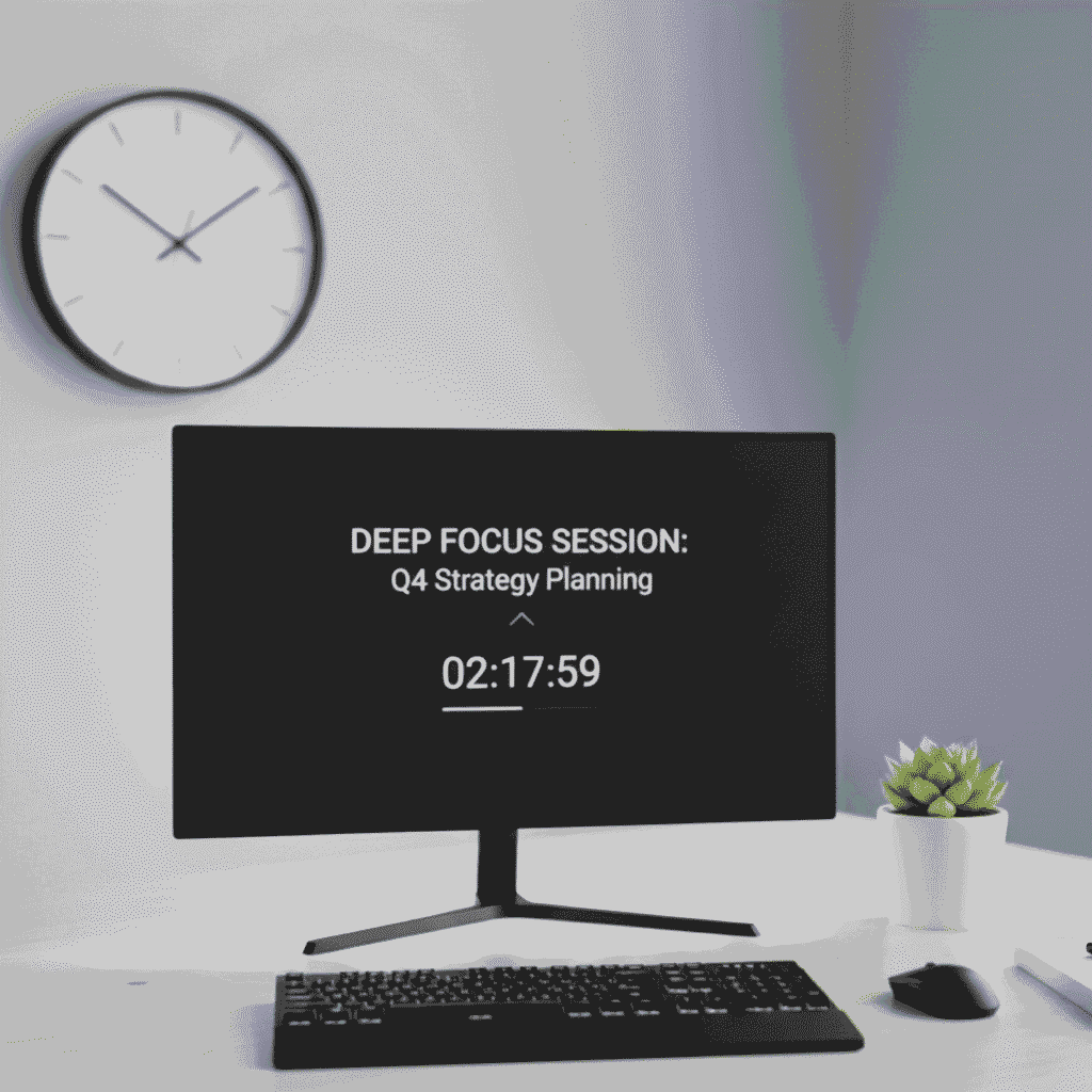 minimalist workstation with a single active screen showing a focused workflow session