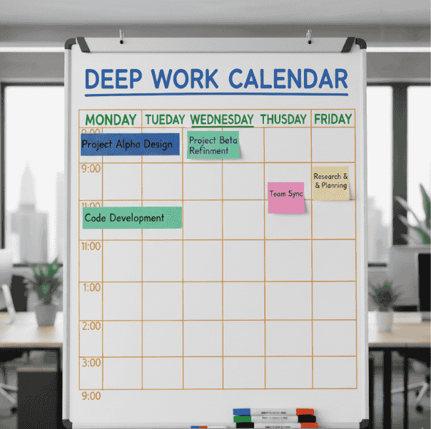 Shared calendar view showing reserved deep work blocks across team members