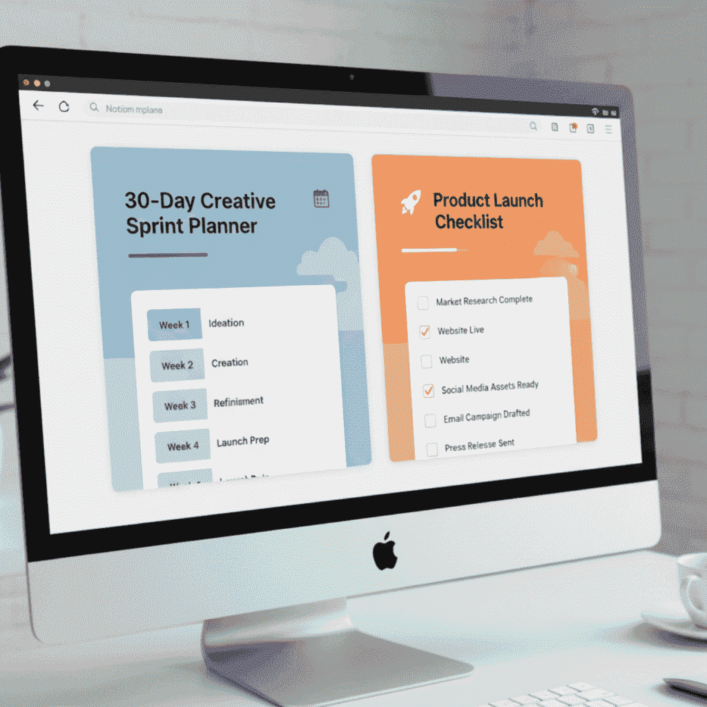 Notion templates showing a 30-day sprint plan and launch checklist thumbnails