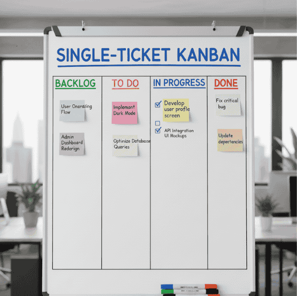 Kanban board demonstrating single-ticket workflow with Backlog, Ready, In Progress, Review, Done