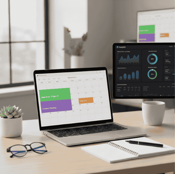 Organised remote workspace with laptop, notebook, and calendar showing focus blocks (productivity systems for remote workers.