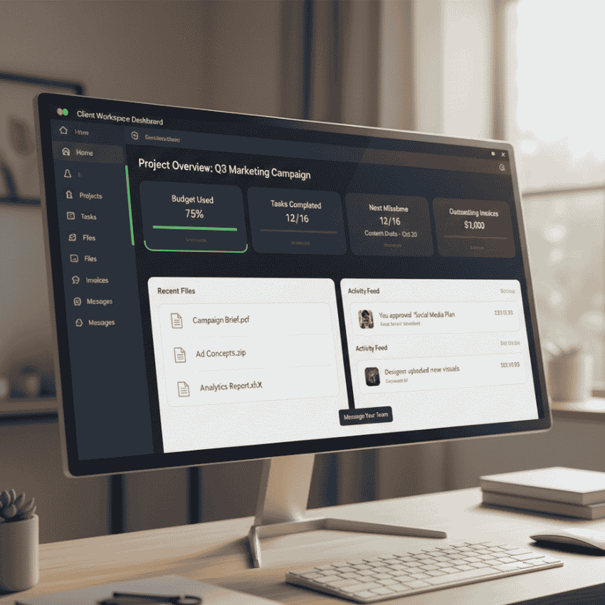Notion client workspace showing project tasks and updates