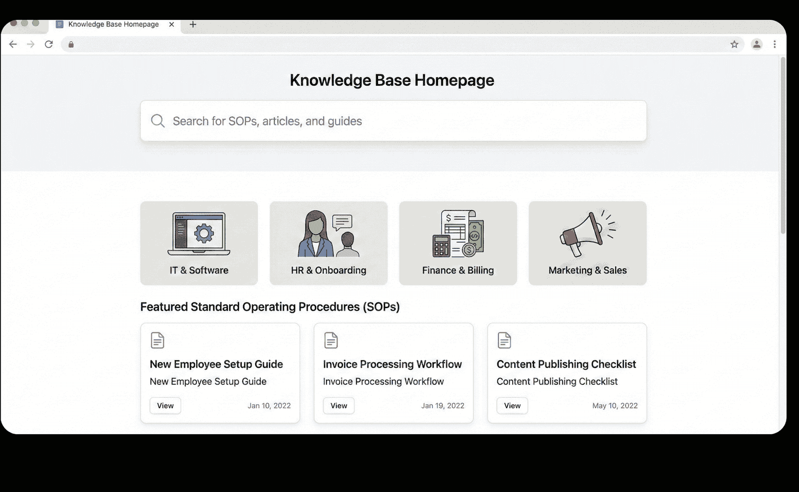 Searchable knowledge base homepage showing categories and featured SOPs