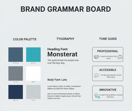 One-page visual brand grammar with defined color, typography, and tone system.”
