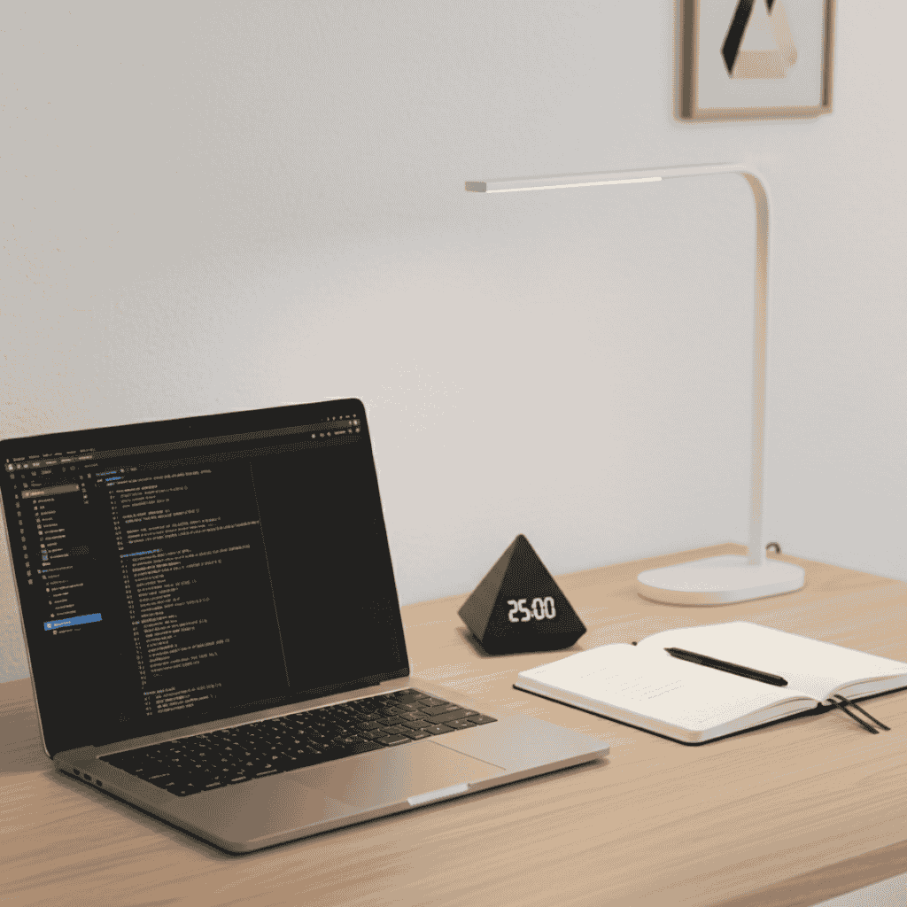 Minimalist workspace setup designed for friction-free focus and 80/20 productivity.