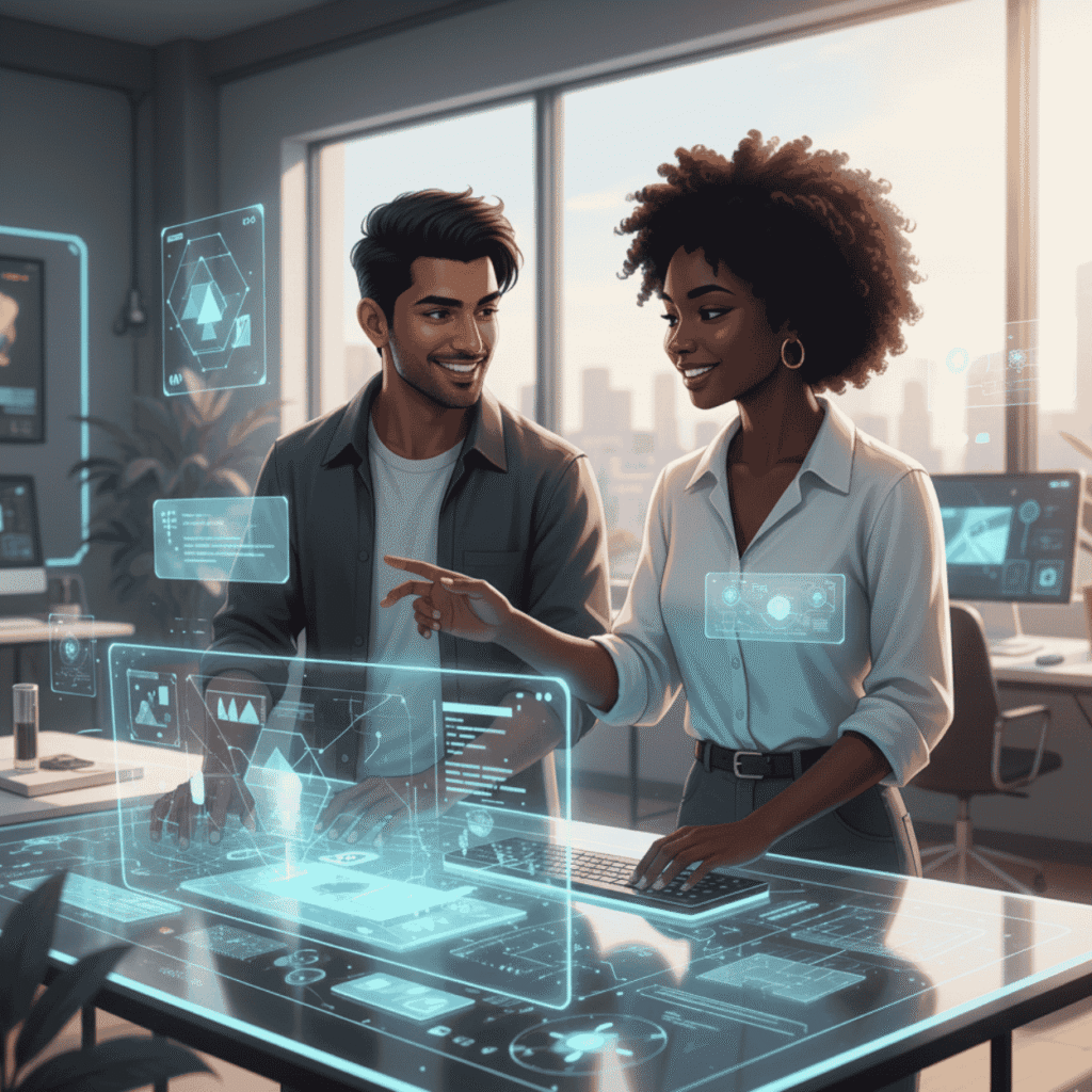 Two creators co-creating content in a digital workspace