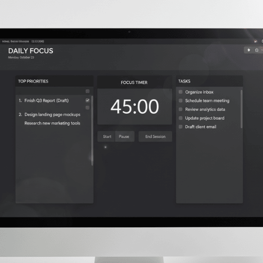 Notion daily command center template showing focus tasks and affirmations.
