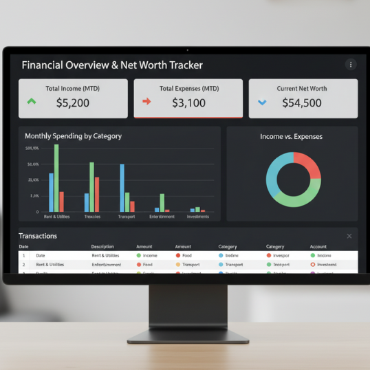 Notion financial tracker dashboard showing income, expenses, and goals