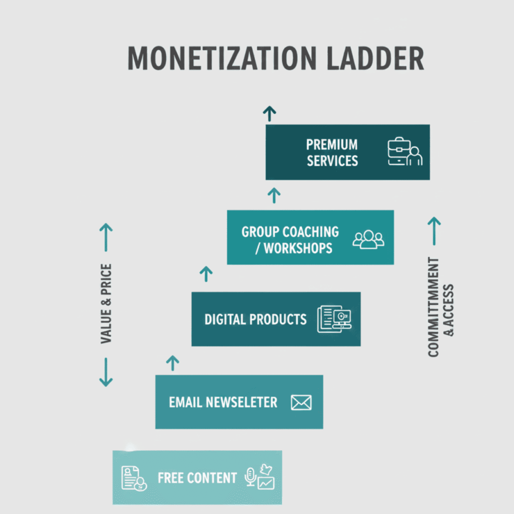 Creator monetization ladder illustrating free, core, and premium product tiers.