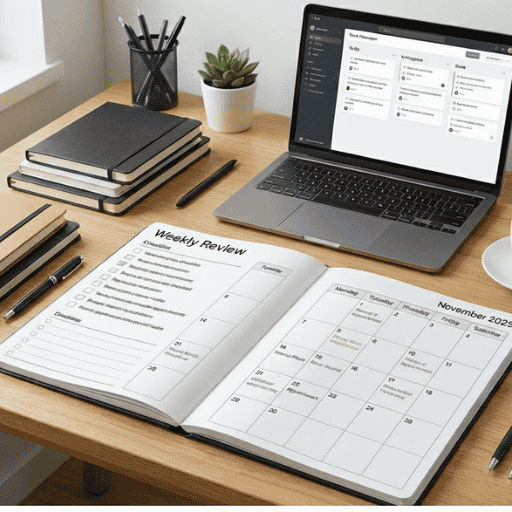 Visual of weekly review block to overcome digital overwhelm and organize tasks 
