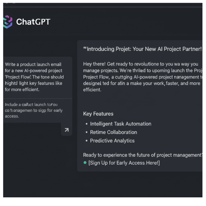 digital tools for entrepreneurs 2025 — ChatGPT generating a product launch email