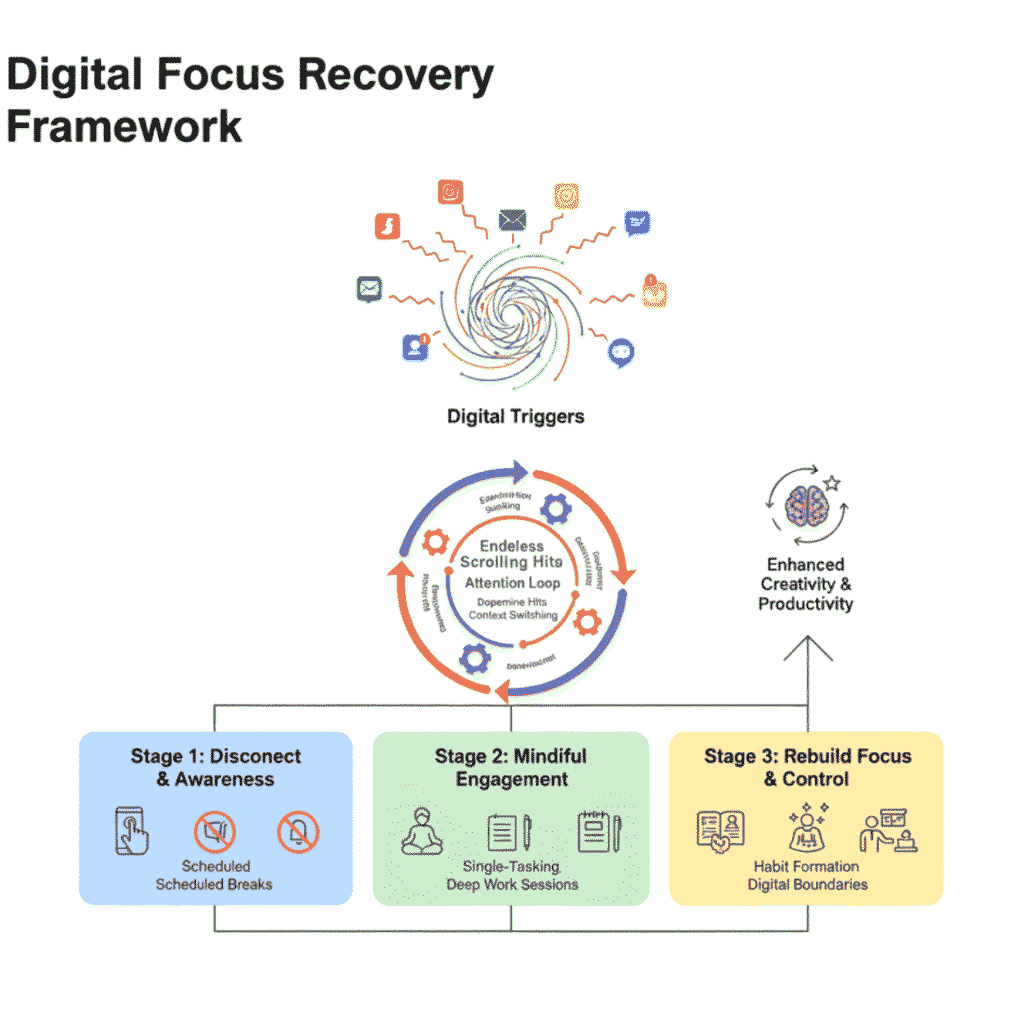 Illustrated framework showing digital triggers, attention loops, and focus recovery stages