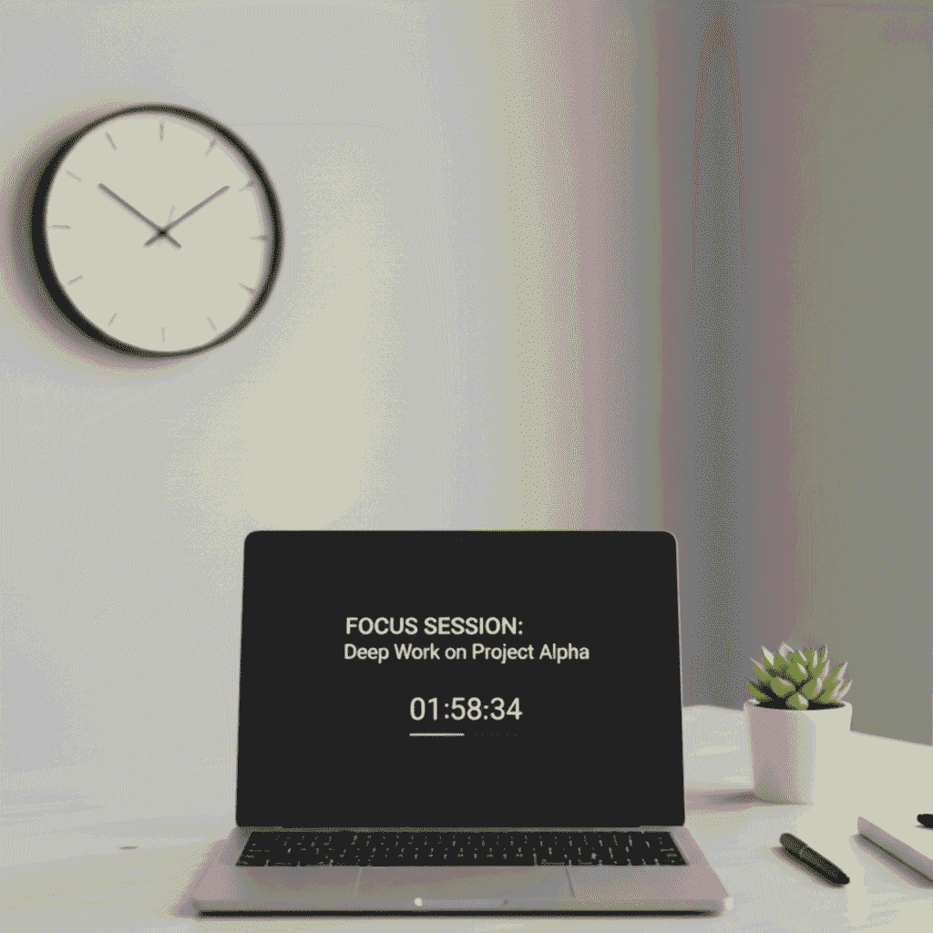 Minimalist workspace with clock and laptop showing a single focused task session.