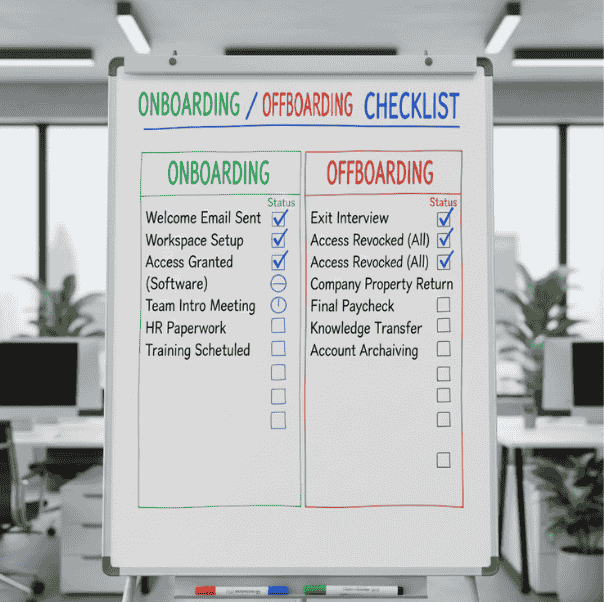 Checklist showing steps for onboarding and offboarding, including access, tasks, and knowledge transfer