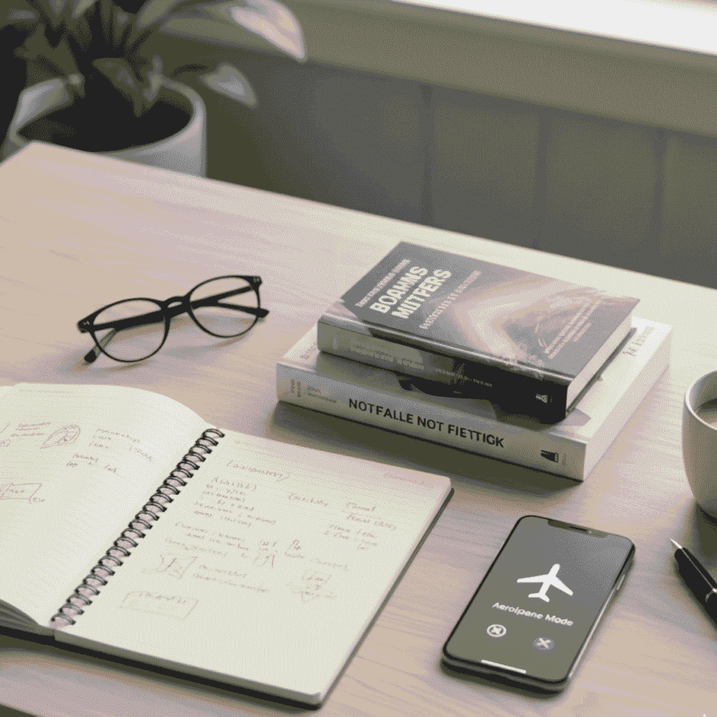 digital boundaries for creators being practised. Notebook and books with a smartphone face down in aeroplane mode to show a screen-free rest practice.