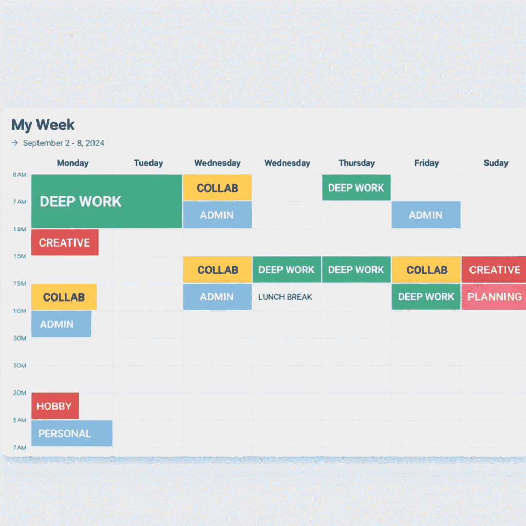 Weekly calendar showing blocks for deep creation, production, community, and admin labelled by energy levels.