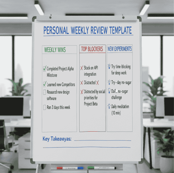 Personal weekly review template with sections for wins, blockers, and experiments
