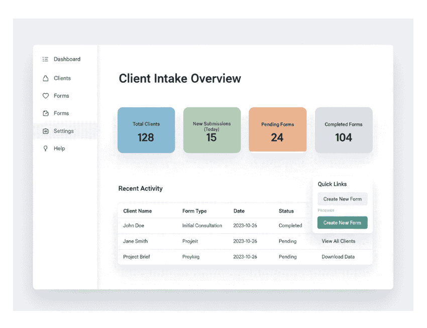 Client intake form template for client onboarding system prequalification