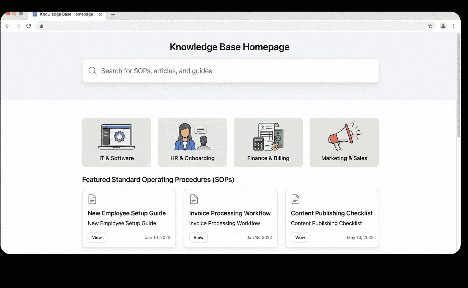 Searchable knowledge base homepage showing categories and featured SOPs